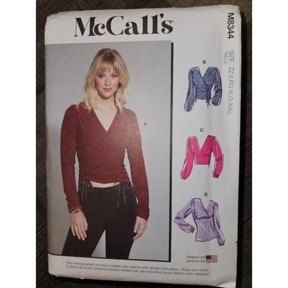 McCall's M8344 Misses Knit Top Sewing Pattern Lace Up Front Sizes L-XXL Uncut